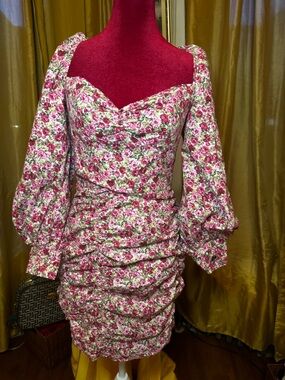 Nasty Gal Pink Floral Puff-Sleeve Ruched Mini Dress